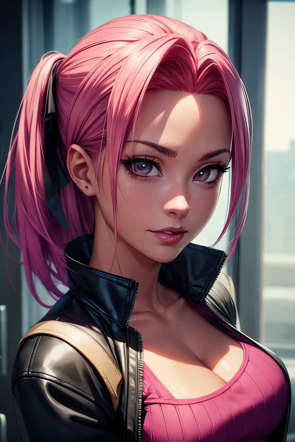 There is a woman with pink hair and a black top, Retrato de Jinx de Arcane, seductive portrait of Tifa Lockhart, Double tail pink hair and cyan eyes, Samira de League of Legends, Close-up bust photo, Portrait of Tifa Lockhart, Photorealistic Render of Anime Girl, Haruno Sakura, as an Overwatch character, Rendered in SFM, Realistic 3D anime, greeting the camera, sexy
