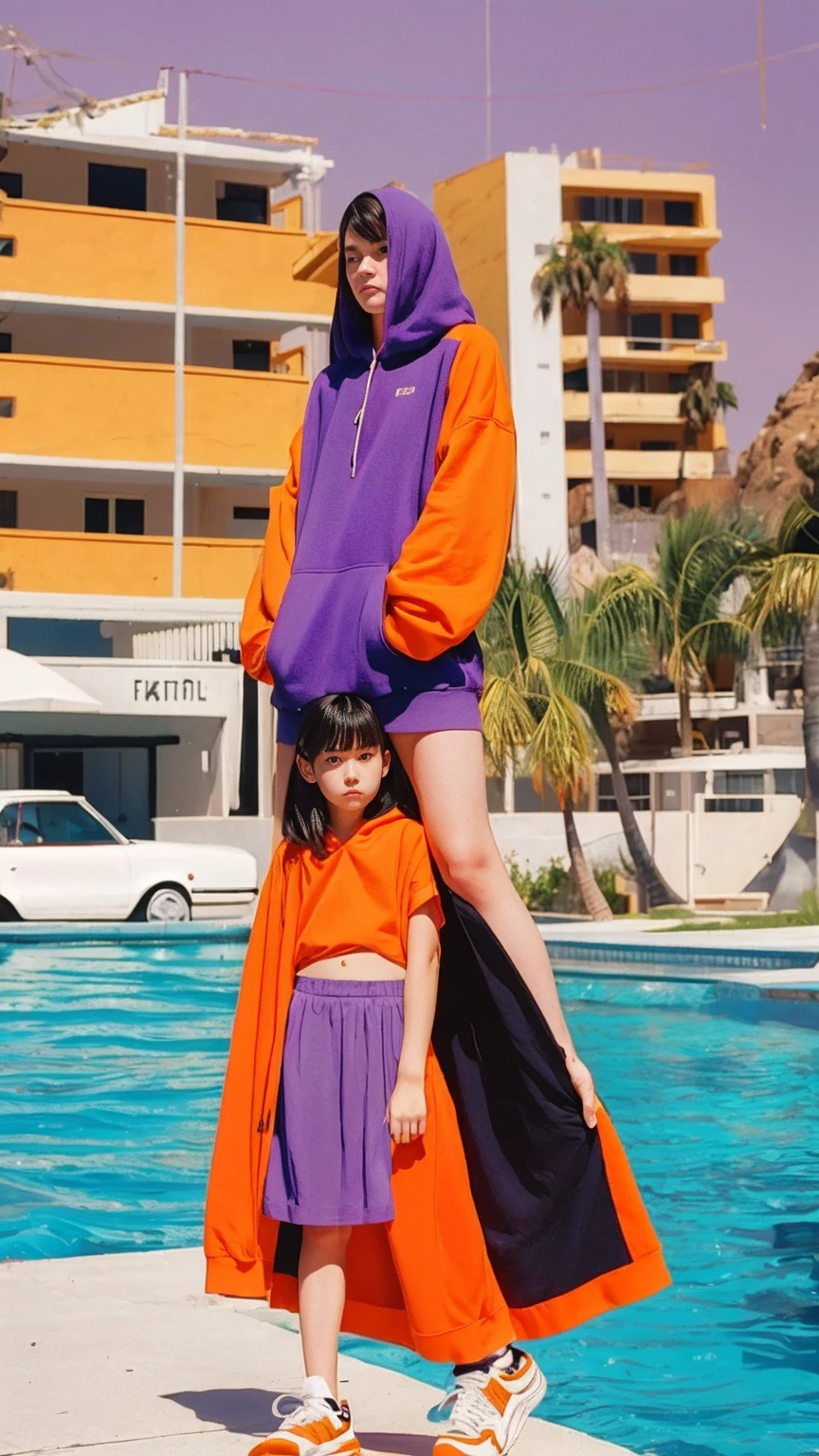 analog film photo cinematic photograph long shot portraits by Wes Anderson, cute 23 yo girl ,fokus, bokeh ,wear ((orange color oversized_hoodie)), wear ((purple tennis skirt)),looking front,Best Quality,Masterpiece,Ultra High Resolution,(Realisticity:1.4),Original Photo, 1Girl, light leak,ultra high resolution,UHD,beautiful, (black bob hair), almond eye, no makeup, in front of (80's mondrian architecture motel), (realistic:1.2), (surreal:1.3), (very detailed:1.1), ((masterpiece)),summer, blue sky, palm trees,sunny, los angles vibes,film camera, 800mm lens,style of Philip Lorca diCorcia