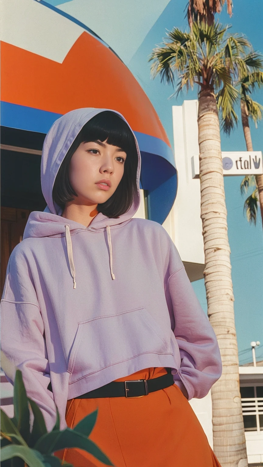 analog film photo cinematic photograph long shot portraits by Wes Anderson, cute 23 yo girl ,fokus, bokeh ,wear ((orange color oversized_hoodie)), wear ((purple tennis skirt)),looking front,Best Quality,Masterpiece,Ultra High Resolution,(Realisticity:1.4),Original Photo, 1Girl, light leak,ultra high resolution,UHD,beautiful, (black bob hair), almond eye, no makeup, in front of (80's mondrian architecture motel), (realistic:1.2), (surreal:1.3), (very detailed:1.1), ((masterpiece)),summer, blue sky, palm trees,sunny, los angles vibes,film camera, 800mm lens,style of Philip Lorca diCorcia