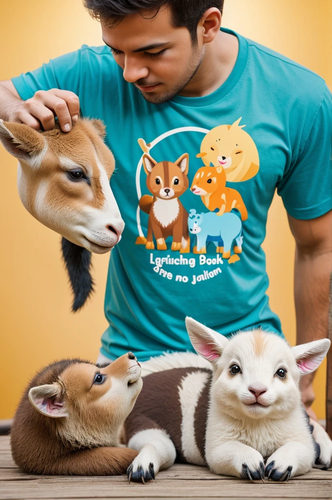 Design a playful scene of a petting zoo with baby animals. with light color background for t-shirt design