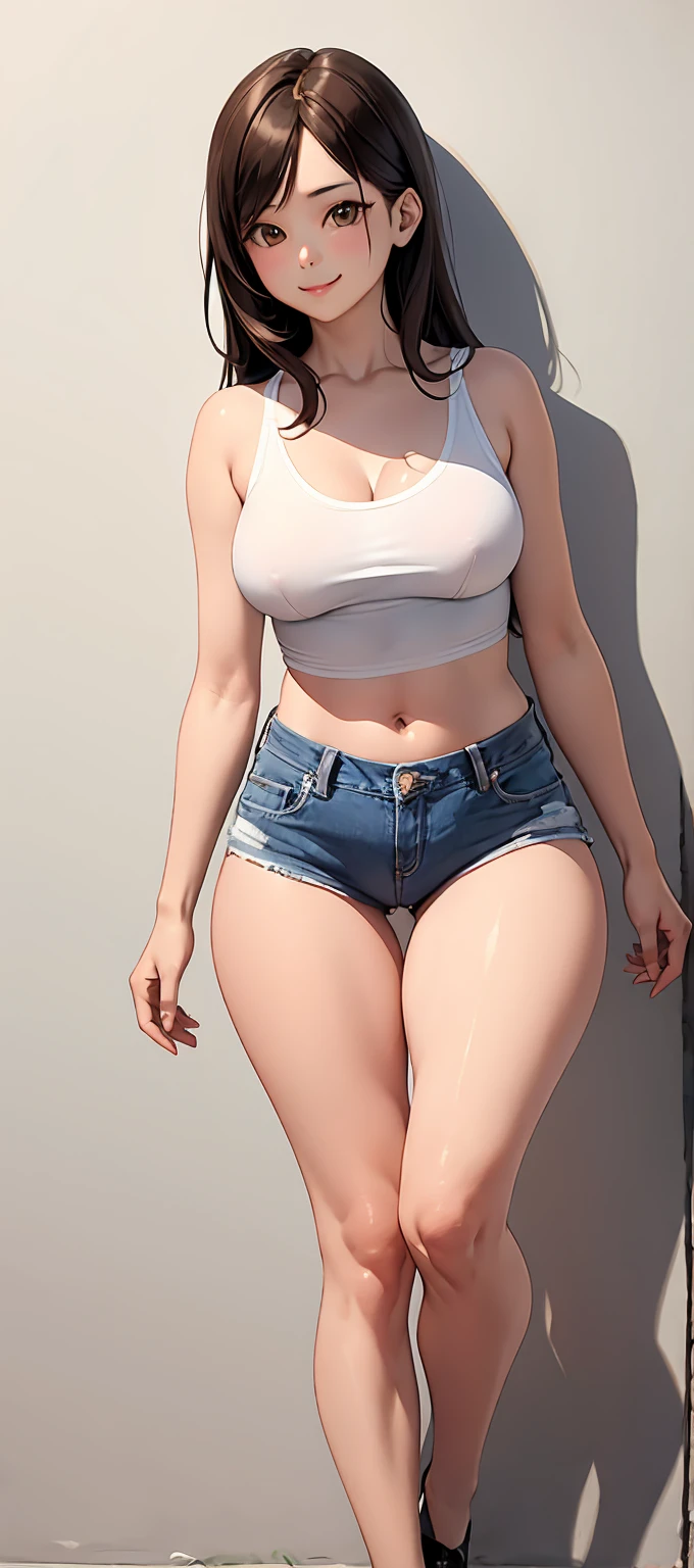 (fullbody), Very Kawaii, smile, lip lips, seductive smile, Solo, Slim, Large Breasts, cleavage, Plain White T-shirt, Tight Shorts, brown belt, Dynamic Angle, No Background, White Background, looking at viewer, darker shadows, (((absurdres))), (((thigh gap))), (((cameltoe))), (((cleft of venus))), (((sleeveless))),