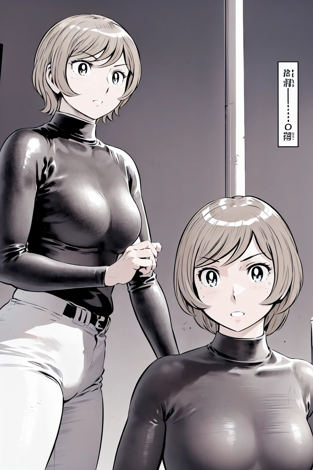 (野球uniform:1.2),
Blonde, (short hair:1.2),Long sleeve, Black Shirt, turtleneck,White trousers、uniform、Black belt、((Illustration of a person))、big 、
View your viewers,, (Highest quality:1.3),One Girl, White pants、uniform、Outdoor、baseball ground、ground、soil、blue eyes、Tight black shirt、(masterpiece、Highest quality)、Highest quality, Ultra-high resolution, (((masterpiece))), alone, Sweat、big eyes、big Breasts、One Girl, Front view、Embarrassed face、Bronze colored hair、((short hair))、Stand up straight、Cowboy Shot