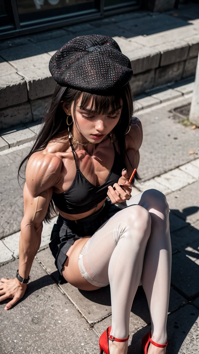 (Muscular:2.2), (thick thighs:2),
(asian female:1.5), (black hair:1.5), pale skin, (blunt bangs:1.5), (angry face:1.8), (long hair:1.2),
(eyeshadow, lipstick, red lips:1.4), hoop earrings,
(hard nipples),
(halter top:1.4), (beret), (skirt slit:1.6), (pantyhose:1.4), (stiletto heels:1.4), (cigarette:1.3),
(looking at viewer:1.2), (three quarter view:1.2), (from above:1.3), (full body view), (sitting on all fours:1.4), (sitting on the ground:1.6)
(at a French bar), rim lighting, detailed skin, detailed eyes, two tone lighting, dim lighting, bokeh