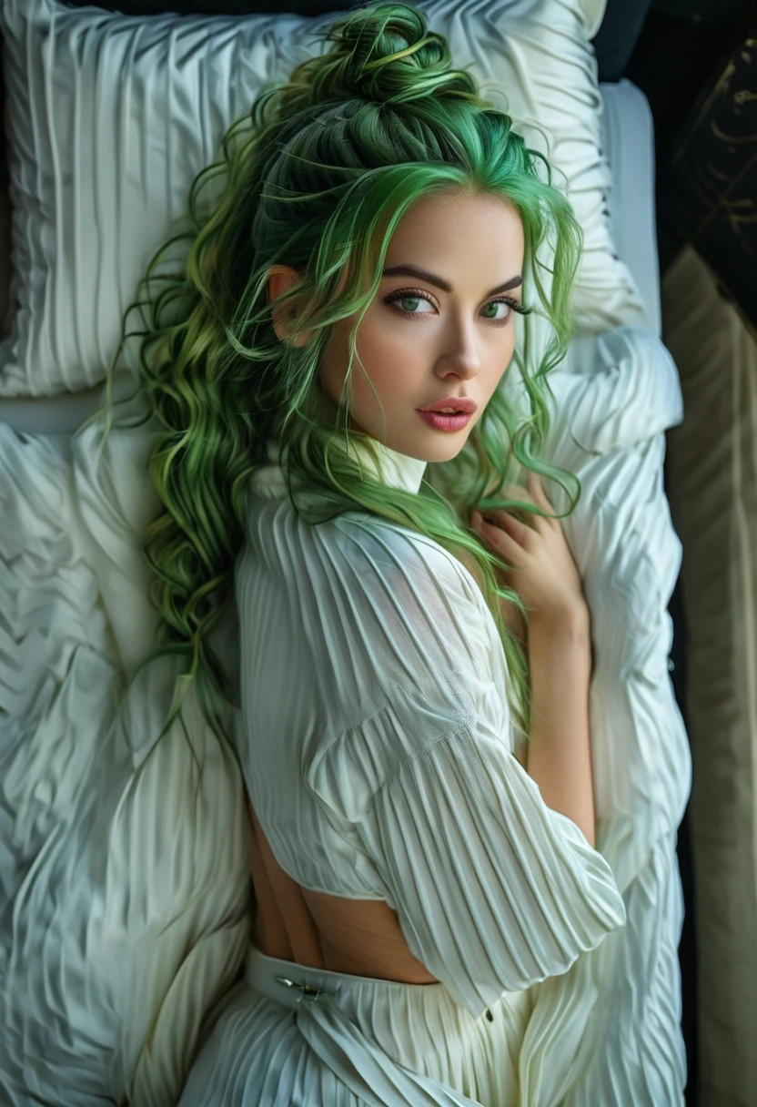 (Best quality, 8k, 32k, raw photo, Photorealistic, Photoreal, UHD:1.2),lifelike rendering, (face close-up portrait:1.2), 1girl, 24yo, nerdy look, stunning, ((long hair, streaked hair, green/pink hair:1.4)), (Dinamic hairstyle {hair bun, braided, ponytail}) oval face, double eyelids, highly detailed glossy green eyes, glossy lips, (closed lips:1.4), lips together, detailed facial, nice hands, (pale skin:1.2), clean skin, (dark bedroom:1.3), pillows, bed, sharp focus, expressive eyes, (face with satisfied), look at camera, from below, detailed angle facial, detailed fabric rendering, (low key, dark theme, in the dark:1.3) ,epiC35mm.