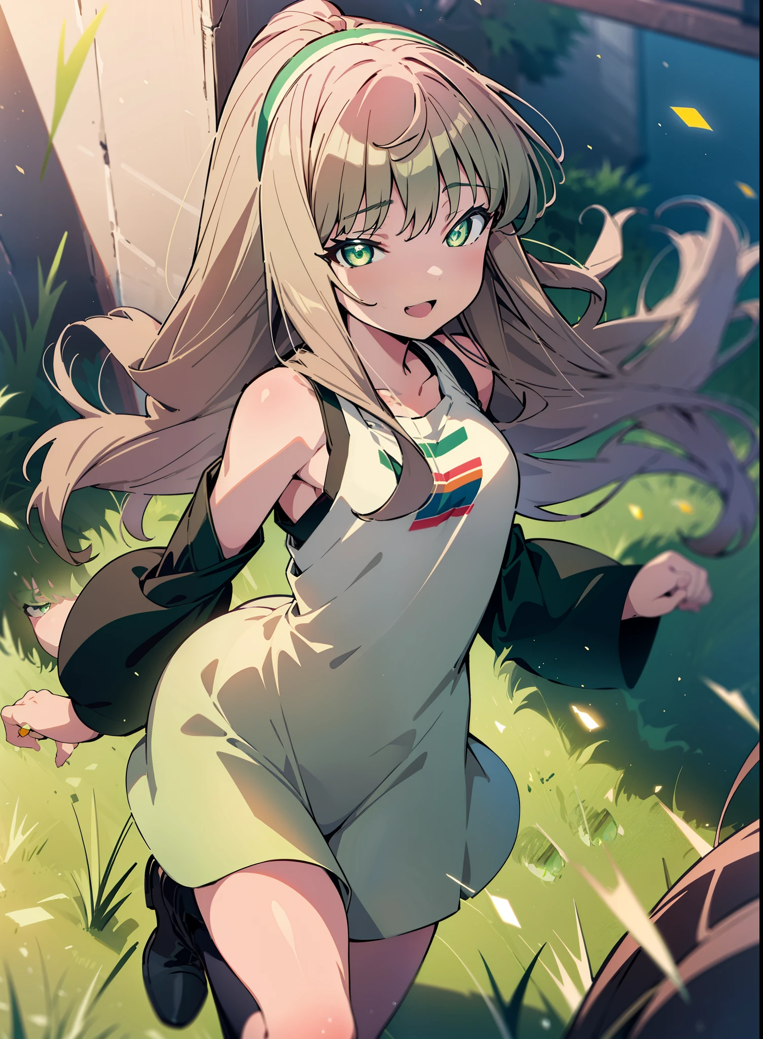 minami yume ,sss Dynazenon ,Long Hair, Brown Hair, (Green Eyes:1.5) ,Center of chest,hair band,ponytail,happy smile, smile, Open your mouth, Blue sleeveless dress,Long skirt,short boots,whole bodyがイラストに入るように,Daytime,Clear skies,Walking,
break looking at viewer, whole body,
break outdoors, Residential Street,
break (masterpiece:1.2), Highest quality, High resolution, unity 8k wallpaper, (shape:0.8), (Beautiful and beautiful eyes:1.6), Highly detailed face, Perfect lighting, Highly detailed CG, (Perfect hands, Perfect Anatomy),