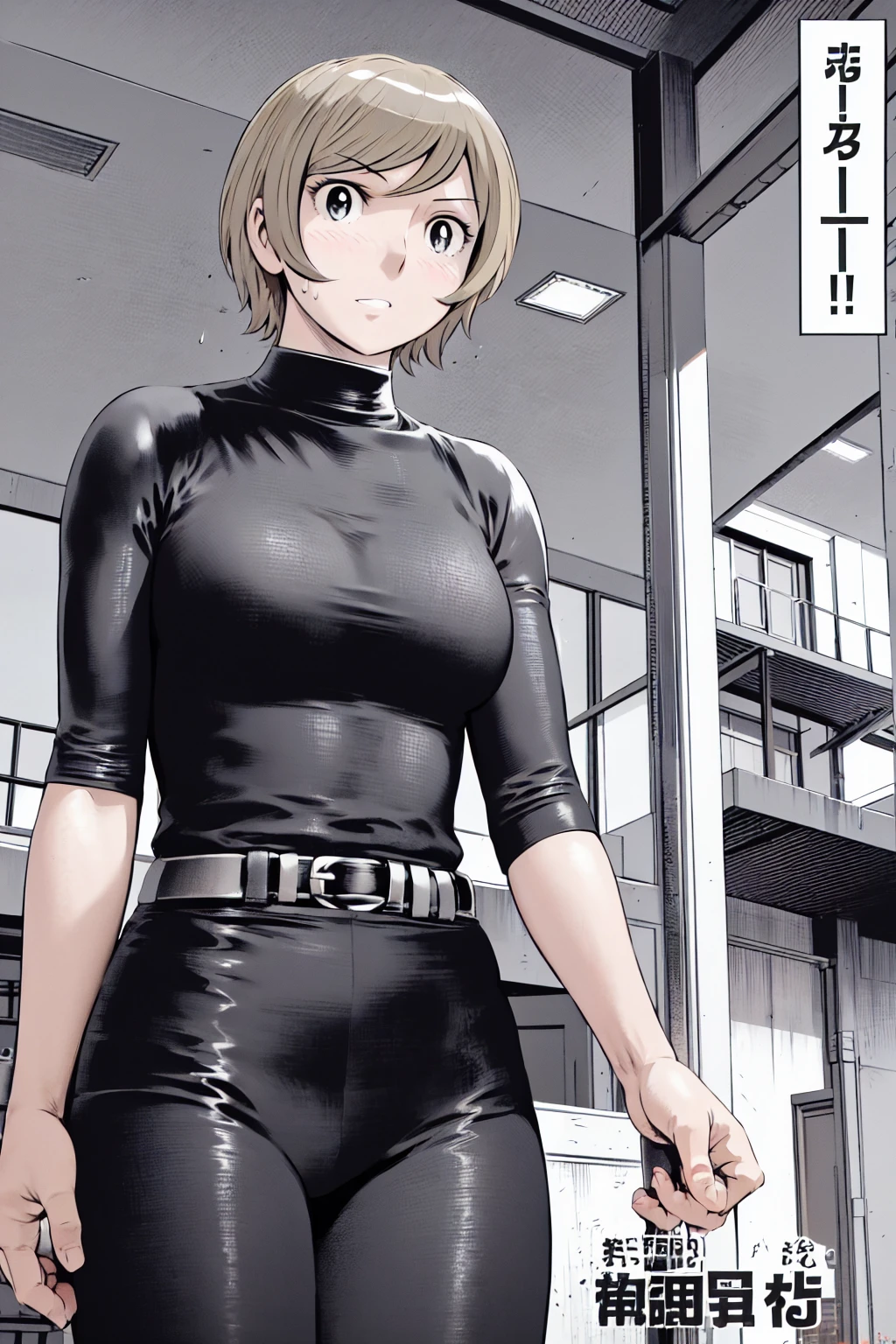 (野球uniform:1.2),
Blonde, (short hair:1.2),Long sleeve, Black Shirt, turtleneck,White trousers、uniform、Black belt、((Illustration of a person))、big 、
View your viewers,, (Highest quality:1.3),One Girl, White pants、uniform、Outdoor、baseball ground、ground、soil、blue eyes、Tight black shirt、(masterpiece、Highest quality)、Highest quality, Ultra-high resolution, (((masterpiece))), alone, Sweat、big eyes、big Breasts、One Girl, Front view、Embarrassed face、Bronze colored hair、((short hair))、Stand up straight、Cowboy Shot