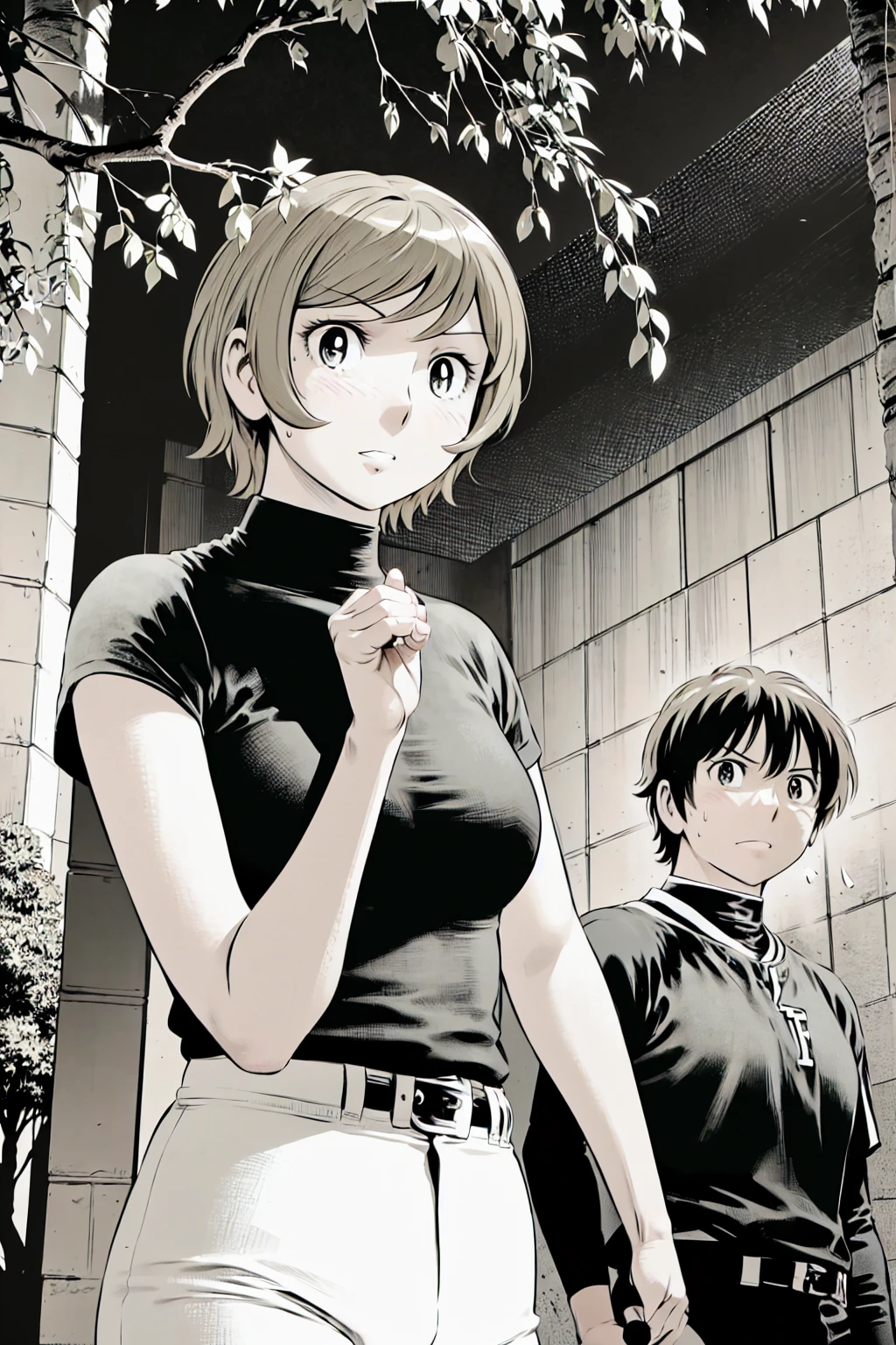 (野球uniform:1.2),
Blonde, (short hair:1.2),Long sleeve, Black Shirt, turtleneck,White trousers、uniform、Black belt、((Illustration of a person))、big 、
View your viewers,, (Highest quality:1.3),One Girl, White pants、uniform、Outdoor、baseball ground、ground、soil、blue eyes、Tight black shirt、(masterpiece、Highest quality)、Highest quality, Ultra-high resolution, (((masterpiece))), alone, Sweat、big eyes、big Breasts、One Girl, Front view、Embarrassed face、Bronze colored hair、((short hair))、Stand up straight、Cowboy Shot