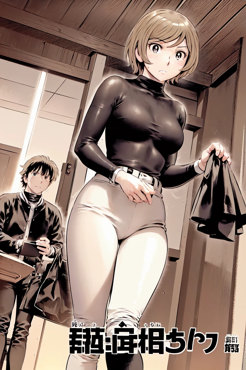 (野球uniform:1.2),
Blonde, (short hair:1.2),Long sleeve, Black Shirt, turtleneck,White trousers、uniform、Black belt、((Illustration of a person))、big 、
View your viewers,, (Highest quality:1.3),One Girl, White pants、uniform、Outdoor、baseball ground、ground、soil、blue eyes、Tight black shirt、(masterpiece、Highest quality)、Highest quality, Ultra-high resolution, (((masterpiece))), alone, Sweat、big eyes、big Breasts、One Girl, Front view、Embarrassed face、Bronze colored hair、((short hair))、Stand up straight、Cowboy Shot