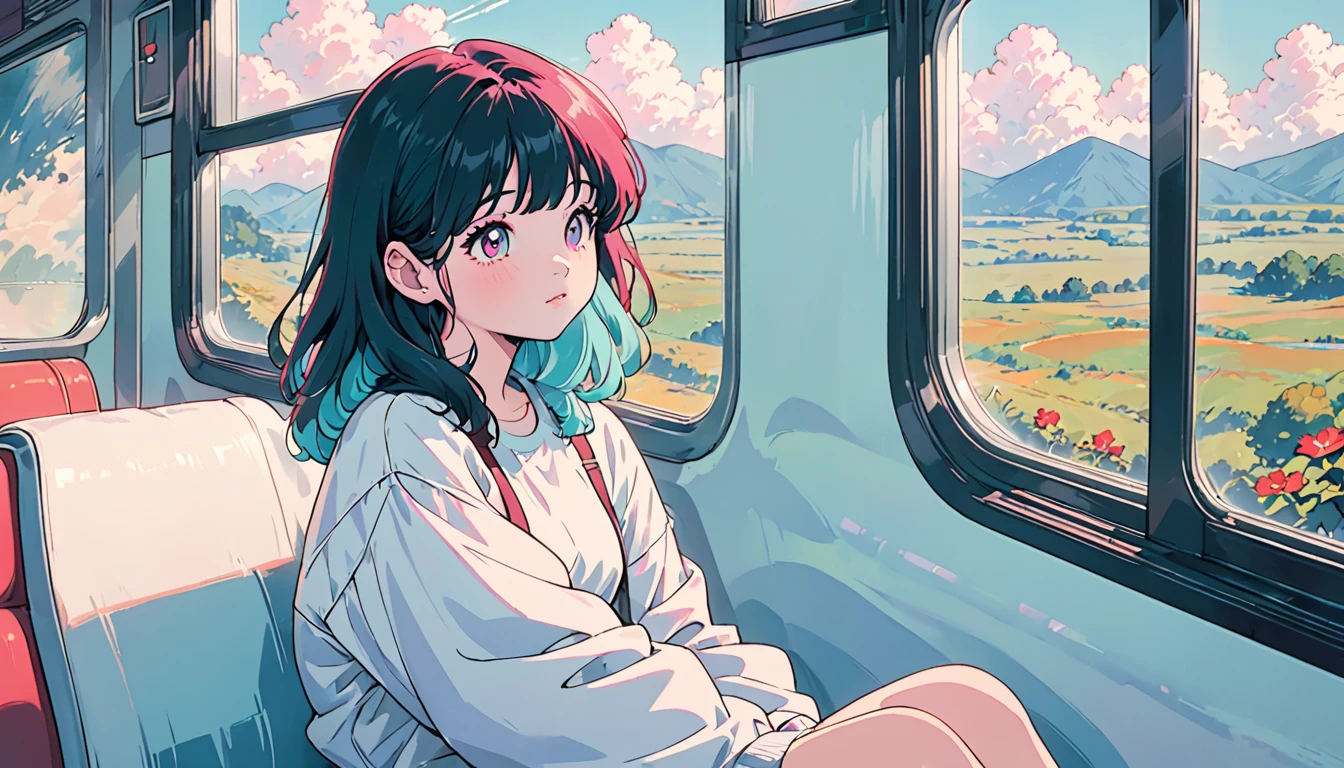 arafed image of a woman sitting on a train looking out the window, lofi girl, lofi artstyle, lofi girl aesthetic, lofi art, lofi vibes, lofi feel, lofi colors, lofi vibe, lofi aesthetic, lofi, lo fi, lo-fi art, 8 0 s anime vibe, anime vibes
