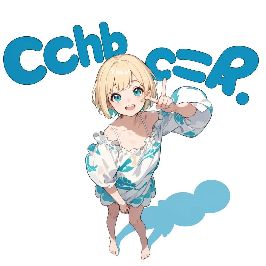 First Job, Better Quality, 1. garota Laughter, Short Mash Hair、Short Hair、Blonde Hair Color、Turquoise Eyes、White swimsuit、Poster, Little , Little, Laughter (Solo Girl)、Looking up、The camera is from above、The front hair is straight、Please draw the fingers in detail、Fingers5It's a book