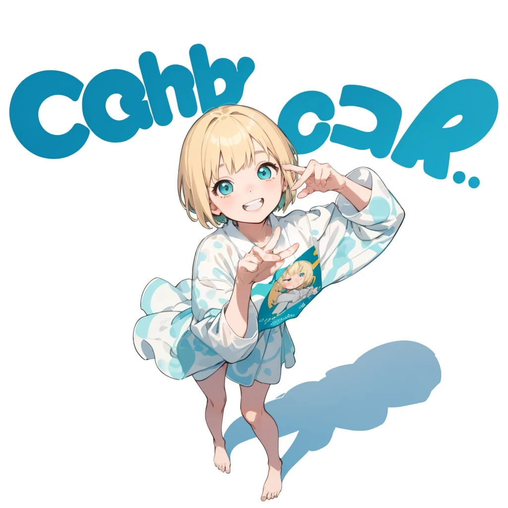 First Job, Better Quality, 1. garota Laughter, Short Mash Hair、Short Hair、Blonde Hair Color、Turquoise Eyes、White swimsuit、Poster, Little , Little, Laughter (Solo Girl)、Looking up、The camera is from above、The front hair is straight、Please draw the fingers in detail、Fingers５It&#39;s a book