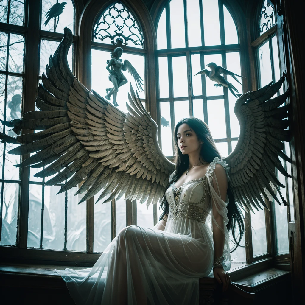 a woman with mystical wings, wearing a flowing and transparent dress, sitting on a window frame with intricate carvings and two angel statues, below the window a pile of skulls and bones, life and death, beauty and existence, dark and celestial, dramatic lighting, fantasy, cinematic, gothic, chiaroscuro