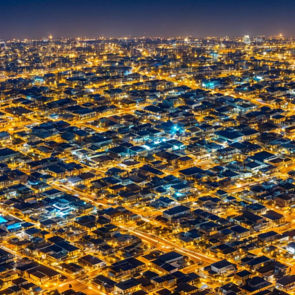 modern city, realistic detailed buildings, at night, beautiful, elegant lines, (4k) blue sky, organic city, night lights