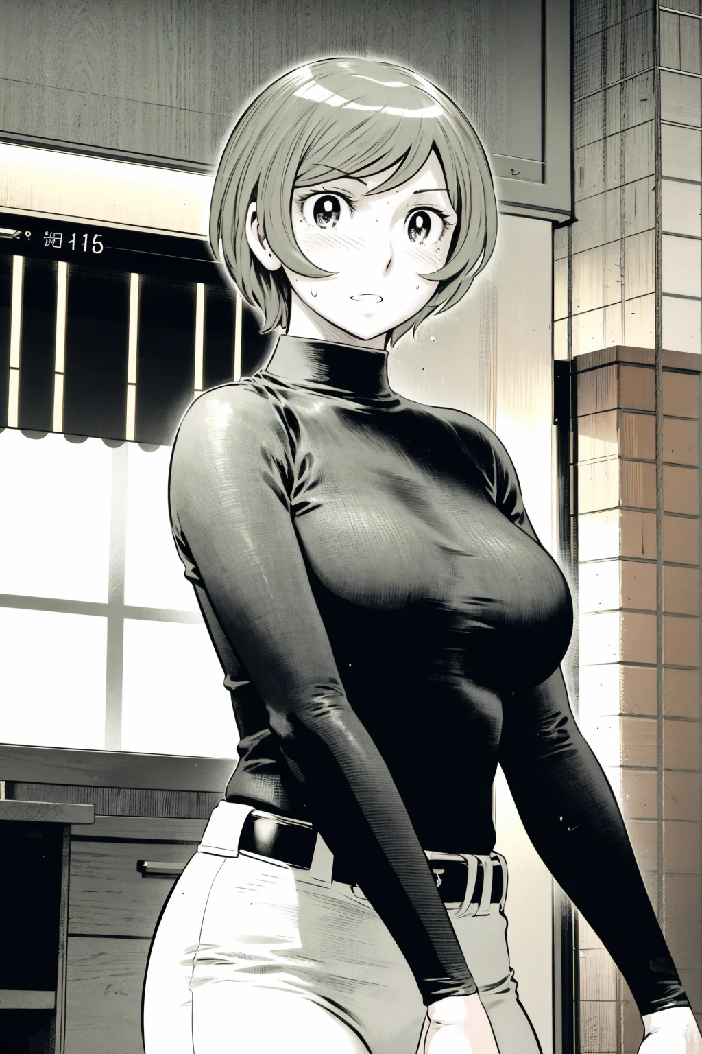 、(masterpiece、Highest quality)、Highest quality, Ultra-high resolution, (((masterpiece))), alone, Sweat、Big eyes,Tight black shirt、Tight white pants、belt、indoor、Composition from the front、(Cut the back hair short、short hair、blonde、woman)、Shortcuts、Embarrassed face、Cut your hair short、可愛いwomanの子、Big Breasts、office