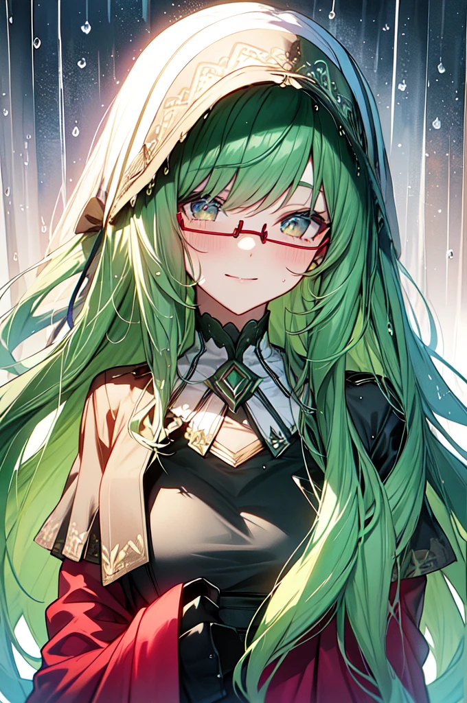 Mature woman, faint smile, big breasts, (Masterpiece, Top Quality, Best Quality, Watercolor (Medium), Official Art, Beautiful and Aesthetic: 1.2), (1 Girl: 1.3), (Fractal Art: 1.3), Star-shaped Pupil, Watching Viewer, Pattern, (Black Hair, Light  Green Hair, Half Green and Half Light Green Hair: 1.2), Blue aura Liquid, Clouds, Colorful, Starry Sky, Stars, Smile, Glasses, Close Up, Rain, Wet, Red Moon, , Glittering Eyes, Wearing Military Uniform, Green Robe.