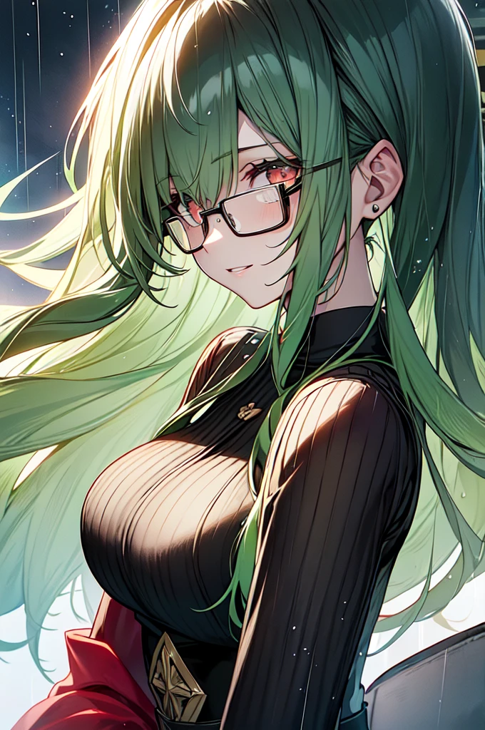 Mature woman, faint smile, big breasts, (Masterpiece, Top Quality, Best Quality, Watercolor (Medium), Official Art, Beautiful and Aesthetic: 1.2), (1 Girl: 1.3), (Fractal Art: 1.3), Star-shaped Pupil, Watching Viewer, Pattern, (Black Hair, Light  Green Hair, Half Green and Half Light Green Hair: 1.2), Blue aura Liquid, Clouds, Colorful, Starry Sky, Stars, Smile, Glasses, Close Up, Rain, Wet, Red Moon, , Glittering Eyes, Wearing Military Uniform, Green Robe.