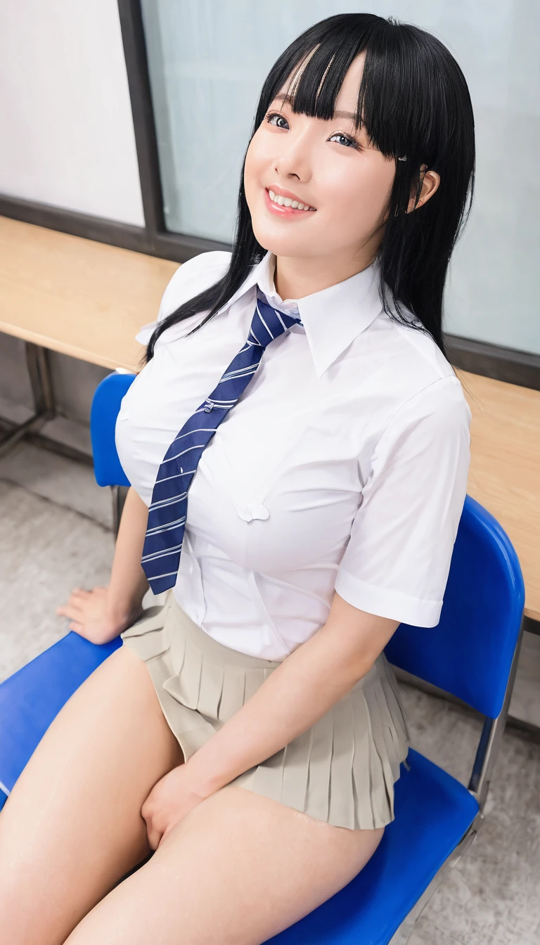 ((((Angle from directly below:1.5)))、(masterpiece, Official Art), One Girl, Black Hair, blue eyes, hair ornaments, Hair Clip, (school uniform), (shirt), (tie), (skirt), (Huge breasts), very good、sunlight,classroom、During class、Guys near girls、View your viewers, Grin,Semen on faceをかける、Semen on face. Charm., blush, Charmな服, , 手の近くにpenis (Sitting in a chair、Place the chest on the table),White panties、Short Bob、Sticking out tongue、drooling a lot of saliva、Pee、Peeを噴射する、tits 、titsにpenisを近づける、の近くに複数のpenis 、顔の近くにpenis 、penis 、Blowjob、paizuri,Bukkake,Browsing Caution