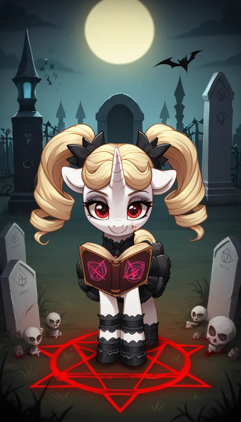 score_9,score_8_up,score_7_up,score_6_up, filly, unicorn, white fur, curly blonde hair, cute twintails, red eyes, Gothic pony, cute lolita fashion, glowing backlight, fashion show, graveyard, glitter, whimsical, enchanted, magical, fantasy art concept, intricate details, evil smile, blood splatter on face, floating, levitating spell book, pentagram, glowing unicorn horn, from above angle