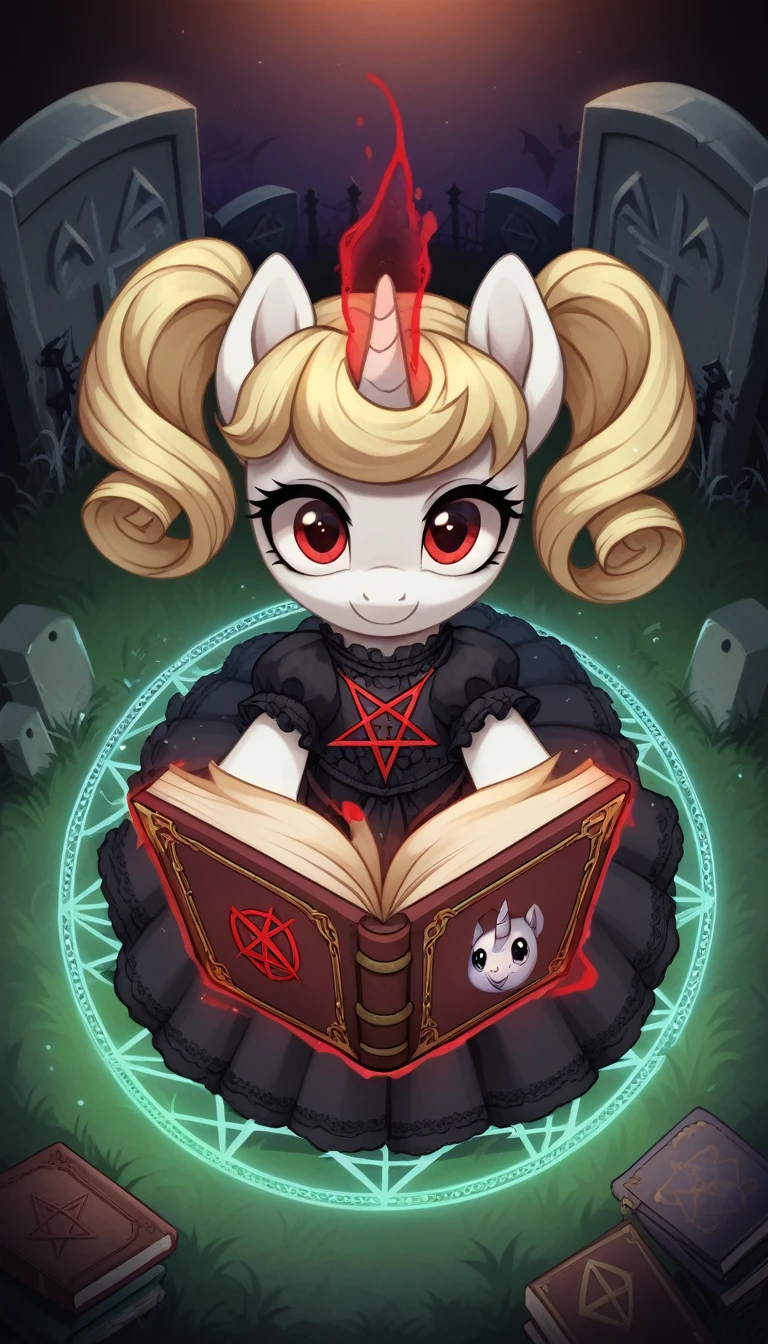 score_9,score_8_up,score_7_up,score_6_up, filly, unicorn, white fur, curly blonde hair, cute twintails, red eyes, Gothic pony, cute lolita fashion, glowing backlight, fashion show, graveyard, glitter, whimsical, enchanted, magical, fantasy art concept, intricate details, evil smile, blood splatter on face, floating, levitating spell book, pentagram, glowing unicorn horn, from above angle