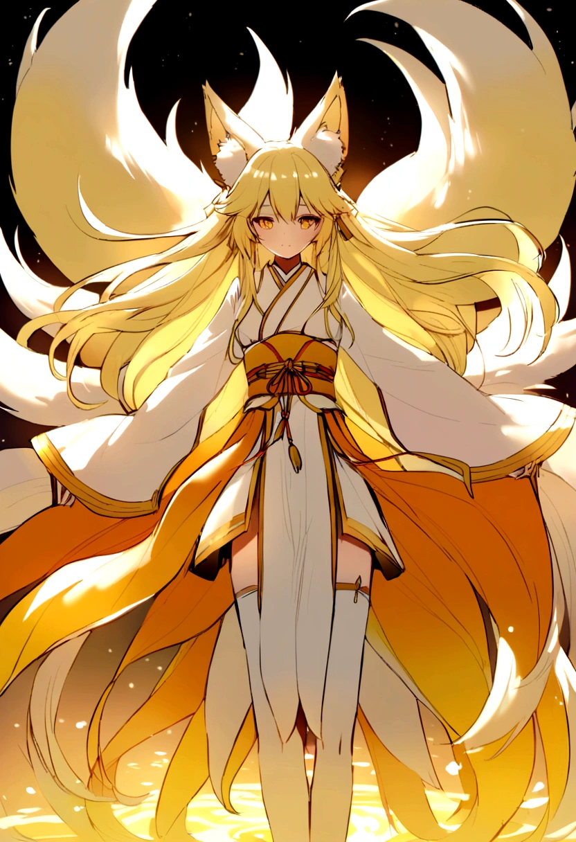 Yellow haired fox boy and long haired fox kitsune girl with 9tails,          