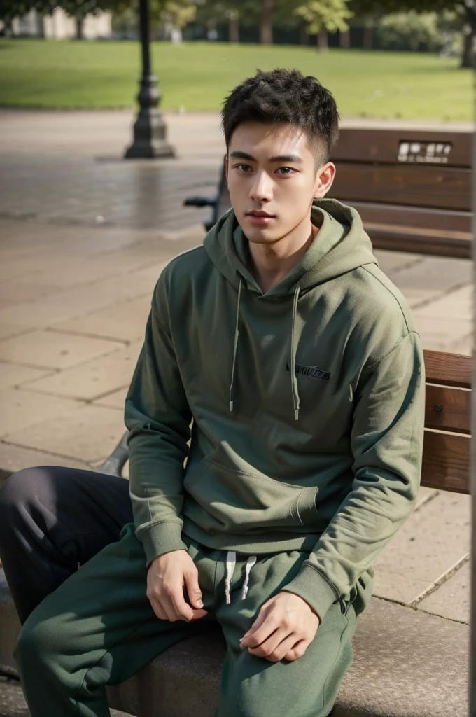a man with a disheveled tapered hairstyle wears a green hoodie and jogger, streetwear style, sitting on the park bench