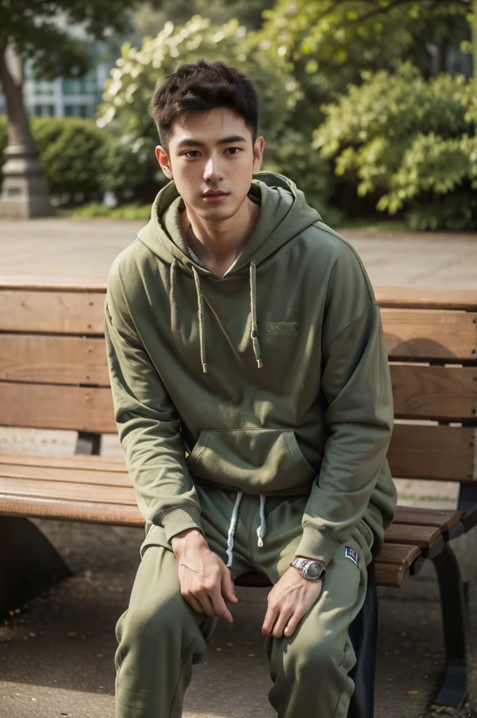 a man with a disheveled tapered hairstyle wears a green hoodie and jogger, streetwear style, sitting on the park bench