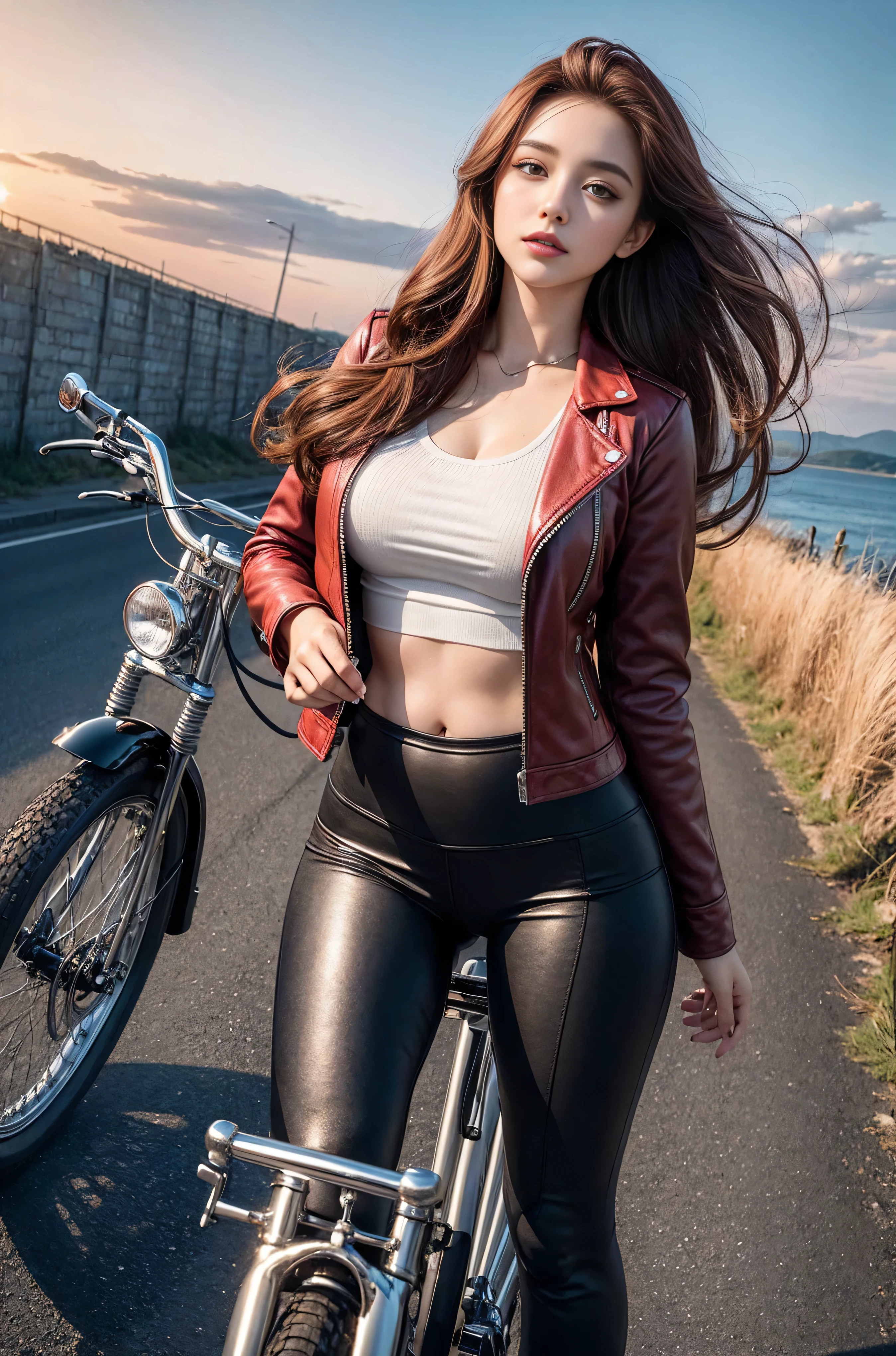 Woman riding a classic bicycle,Beautiful woman,Red long hair,Full scene shooting,Best quality,Sunset,Stairway,Windy,look up to the sky,Beautiful women,Outdoor scene,Dark red hair,Natural landscape,Fall,leather jacket,Belly button popping,Tights,Sexy long legs,(Thigh gap:1.5),(Hips,Wide hips),Highly detailed face and skin texture,Delicate eyes,Double eyelids,whole body,20-year-old female model,Octane Rendering,Two-tone lighting,Large aperture,Low ISO,White Balance,Drive a motorcycle,landscape