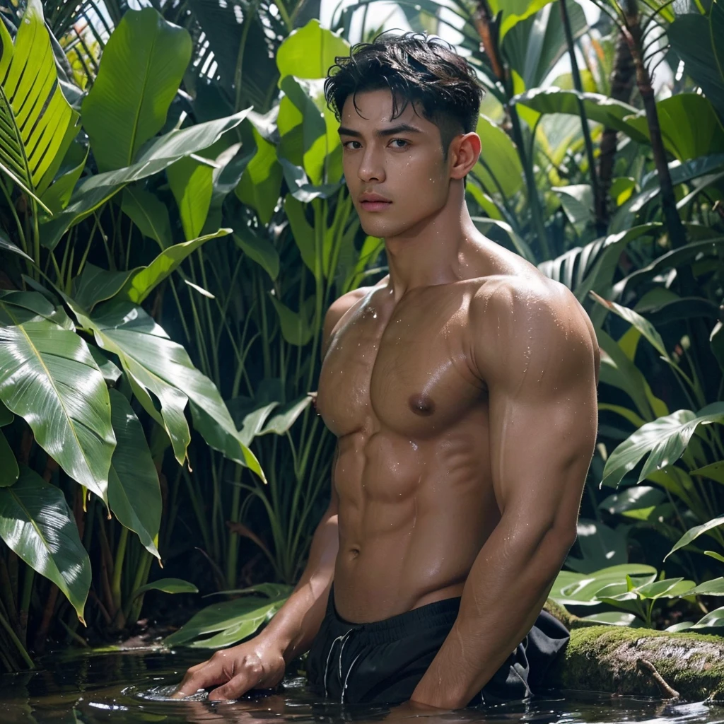 (best quality,4k,8k,highres,masterpiece:1.1),ultra-detailed,(realistic,photorealistic,photo-realistic:1.37),shirtless wet face and body,sweat glistening on his skin,mud smudged on his toned chest,rugged jawline,perfectly sculpted abs,rippling muscles,sinewy arms,light reflecting off his wet hair,dark intense eyes,piercing gaze,exuding confidence and allure, full lips,determined expression,subtle shadows highlighting his facial features,mud smudged on his body and face, highlighting his defined physique,tattoos peeking out from beneath the wet skin,glistening sunlight filtering through the trees in the background,lush green foliage surrounding him,creating a serene and captivating atmosphere,dramatic lighting casting shadows on his chiseled face,emphasizing his strong features,creating a sense of mystery and intrigue,striking contrast between his wet skin and the dark background,contrasting textures of wetness and roughness,depicting his raw masculinity and power, his body sinking partially in a mud pit to his pectoral area.