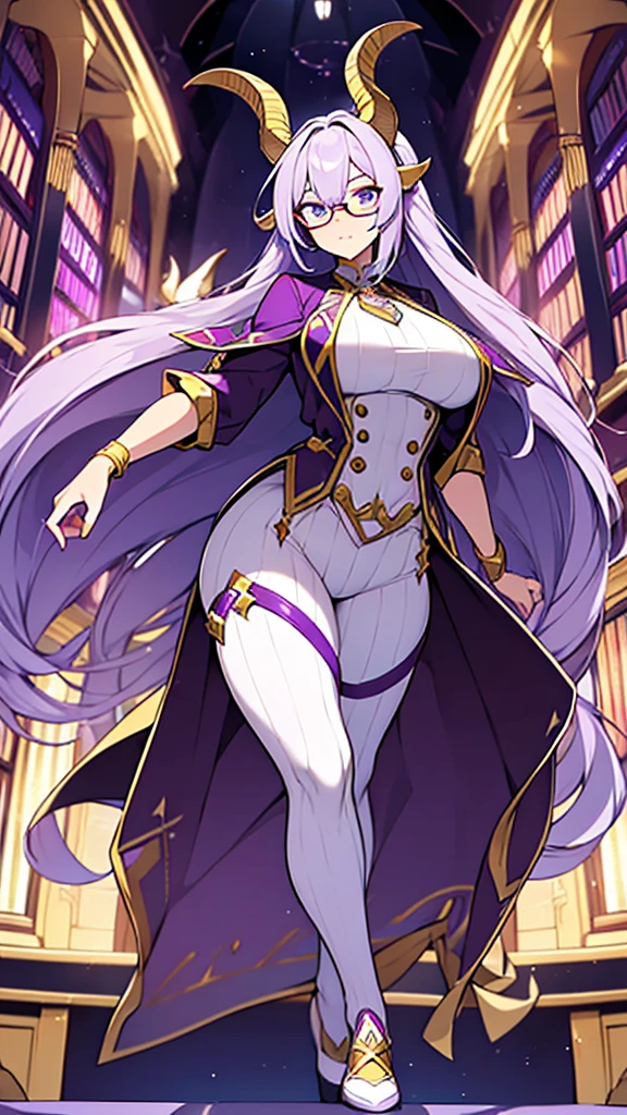 1goat woman,golden horns, goat ears, goat tail, purple hair, one very long braid, perfect eyes, blue eyes, serious face, glasses, purple necklace, librarian clothing, white blouse, purple tie, purple pants, purple shoes, purple spear with white details on the hand, , big ass, librarackground