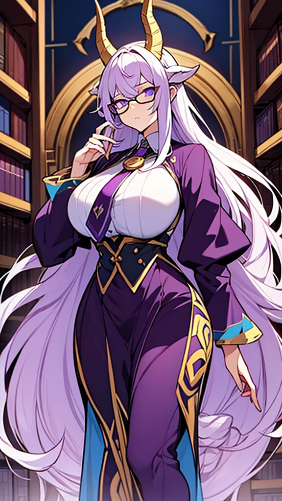 1goat woman,golden horns, goat ears, goat tail, purple hair, one very long braid, perfect eyes, blue eyes, serious face, glasses, purple necklace,  librarian clothing, white blouse, purple tie, purple pants, purple shoes, purple spear with white details on the hand, big breasts, big ass, library background