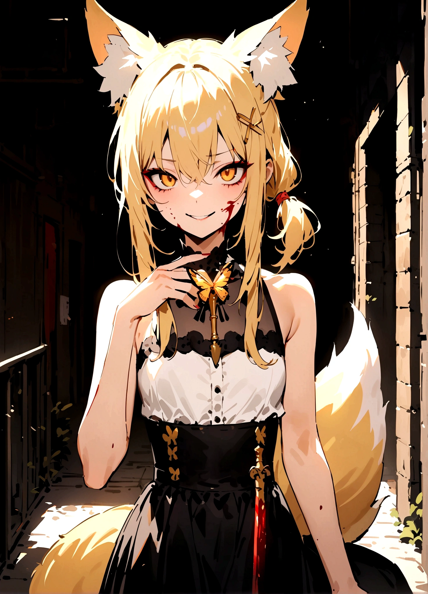 (masterpiece, best quality) junior,detailed, (beautiful,small breasts), blonde,long hair, side ponytail(tied to the left),Hairpin decoration with gold butterfly, elegant, (fox ears),nine tailed fox tail, red eyeshadow, golden eyes, femur，dark background,Alley background,girl,yandere eyes,blood stains on face,blood stains on clothes,holding a sword hilt,bloody dagger(knife),evil smile