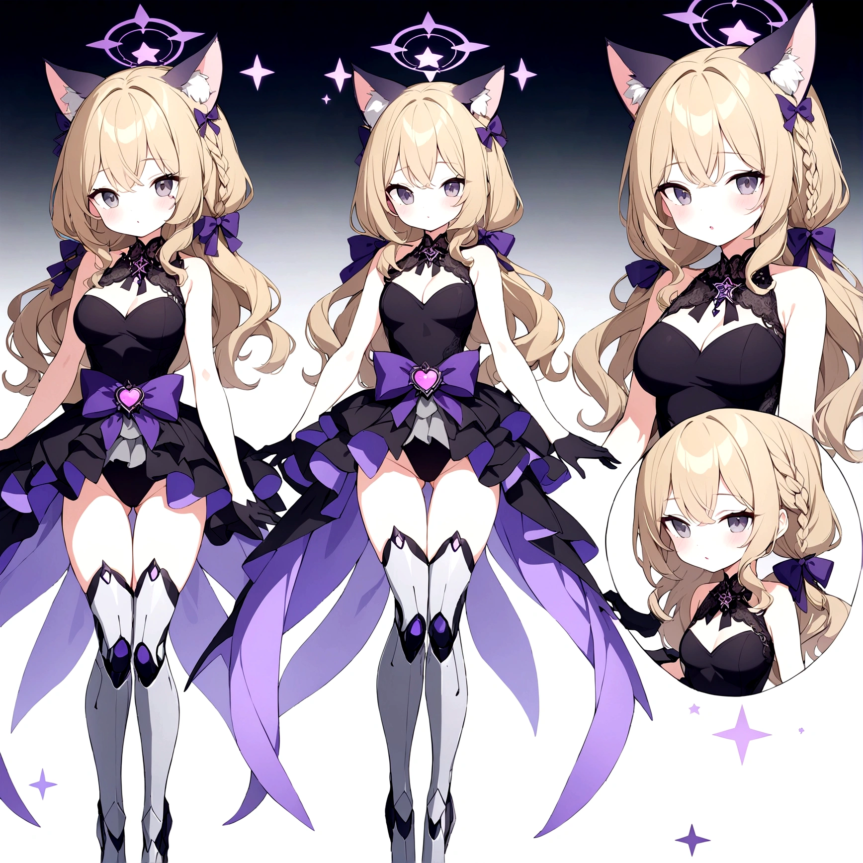 woman 170 cm tall, slim build, medium chest, wide hip. (character design sheet: front view). (Long dark blonde hair with a short center strand, wavy hair with hip length curls, She has a short braid tied with an elegant purple bow on the left side of her hair, She has a short braid tied with an elegant purple bow on the right side of her hair, She has small ribbons at the back of her hair.). Gray eyes with purple. Two black and purple serval ears located on the top of the head. Luminous black halo with purple star patterns above his head, black necklace with heart emblem on the neck. (Elegant one-piece long dress with lace and ruffle skirt, ribbon decorations and star patterns on the dress). black gloves. gray belt at the waist with a large ribbon with a luminous pink heart in the middle. It has a succubus tail with a small violet star on the tip.. (It has complex mechanical legs that reach up to the thighs and are black with small purple details.). beautiful detailed hair, beautiful detailed dress. extremely detailed arms. extremely detailed face, small face, Beautiful detailed eyes, beautiful detailed lips. adorable. extremely detailed legs. (Best Quality, 4k, 8k, high resolution), ultra detailed, Exquisite and epic character art.