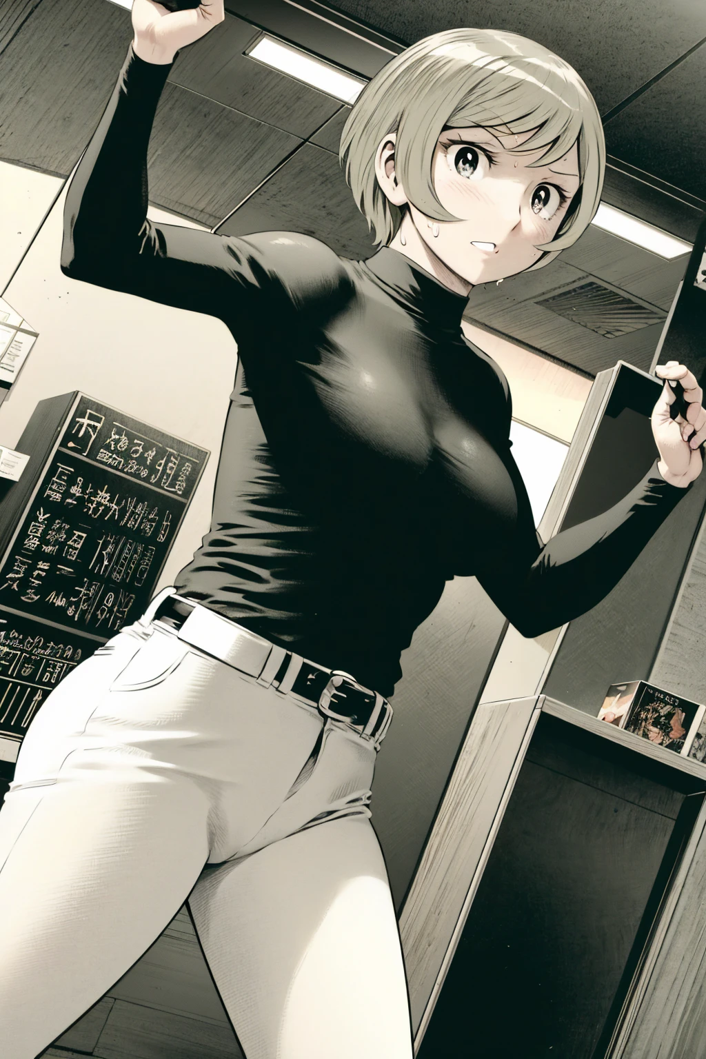 、(masterpiece、Highest quality)、Highest quality, Ultra-high resolution, (((masterpiece))), alone, Sweat、Big eyes,Tight black shirt、Tight white pants、belt、indoor、Composition from the front、(Cut the back hair short、short hair、blonde、woman)、Shortcuts、Embarrassed face、Cut your hair short、可愛いwomanの子、Big Breasts、office