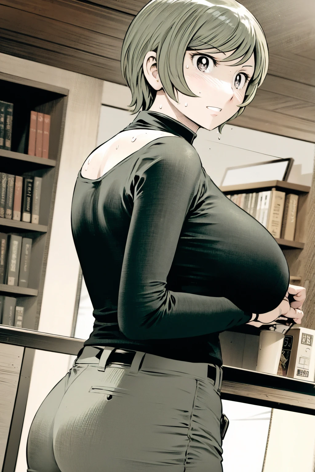 、(masterpiece、Highest quality)、Highest quality, Ultra-high resolution, (((masterpiece))), alone, Sweat、Big eyes,Tight black shirt、Tight white pants、belt、indoor、Composition from the front、(Cut the back hair short、short hair、blonde、woman)、Shortcuts、Embarrassed face、Cut your hair short、可愛いwomanの子、Big Breasts、office