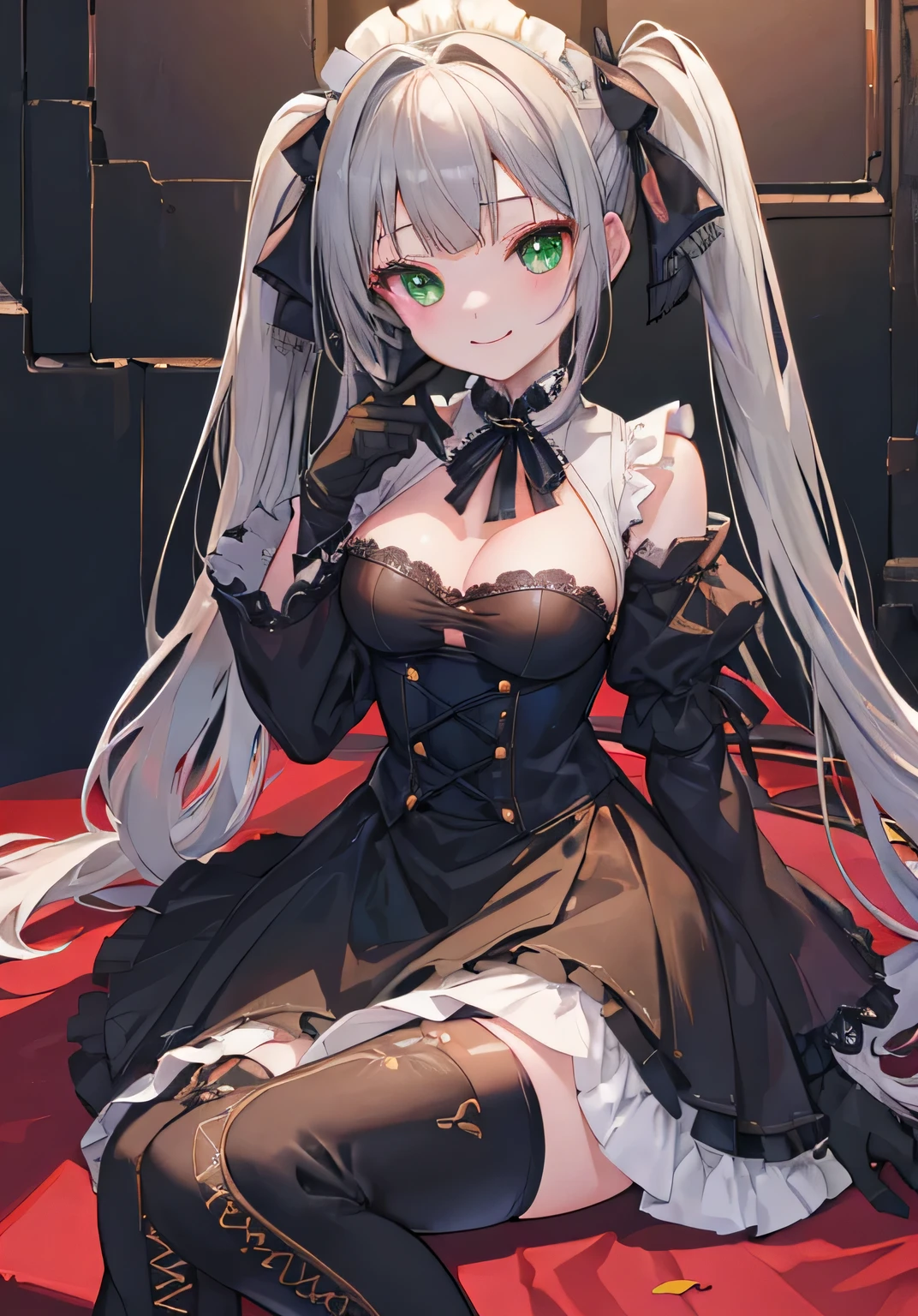 (((Top quality ultra detail,Unity 8k))),High resolution、美しいAttention to detail目、Attention to detail、美しいAttention to detail目,Pause,blazer:1.1 (Gothic ta:1.2),Blunt bangs,Lace-up boots,Green Eyes、solo、gloves、smile、黒いgloves、Twin tails、Sitting、Gray Hair、Maid's Headdress、Long Hair、Blunt bangs、ribbon、hair band、Chie Sugawara、