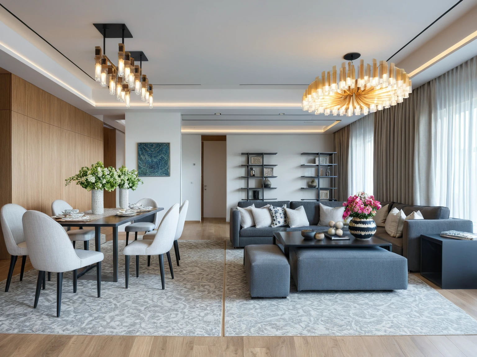 Raw photo, Masterpiece, high quality, best quality, authentic, super detail, indoors, living room style modern, sofa, table coffee, rug, dining table, chairs, flower vases, shelves, curtain walls, painting, windows, ceiling lights, chandeliers, minimalist line, vivid color,