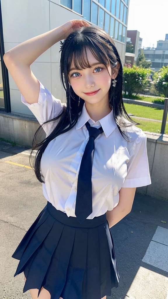 (masterpiece, Official Art), One Girl, Black Hair, blue eyes, hair ornaments, Hair Clip,  (school uniform), (shirt), (tie), (skirt), (Wet), (Upper Body), (close), (Huge breasts), very good、sunlight,classroom、 View Audience, Grin, Charm, blush, Charm服, (close), (Place your hands behind your head), (whole body), Short Bob