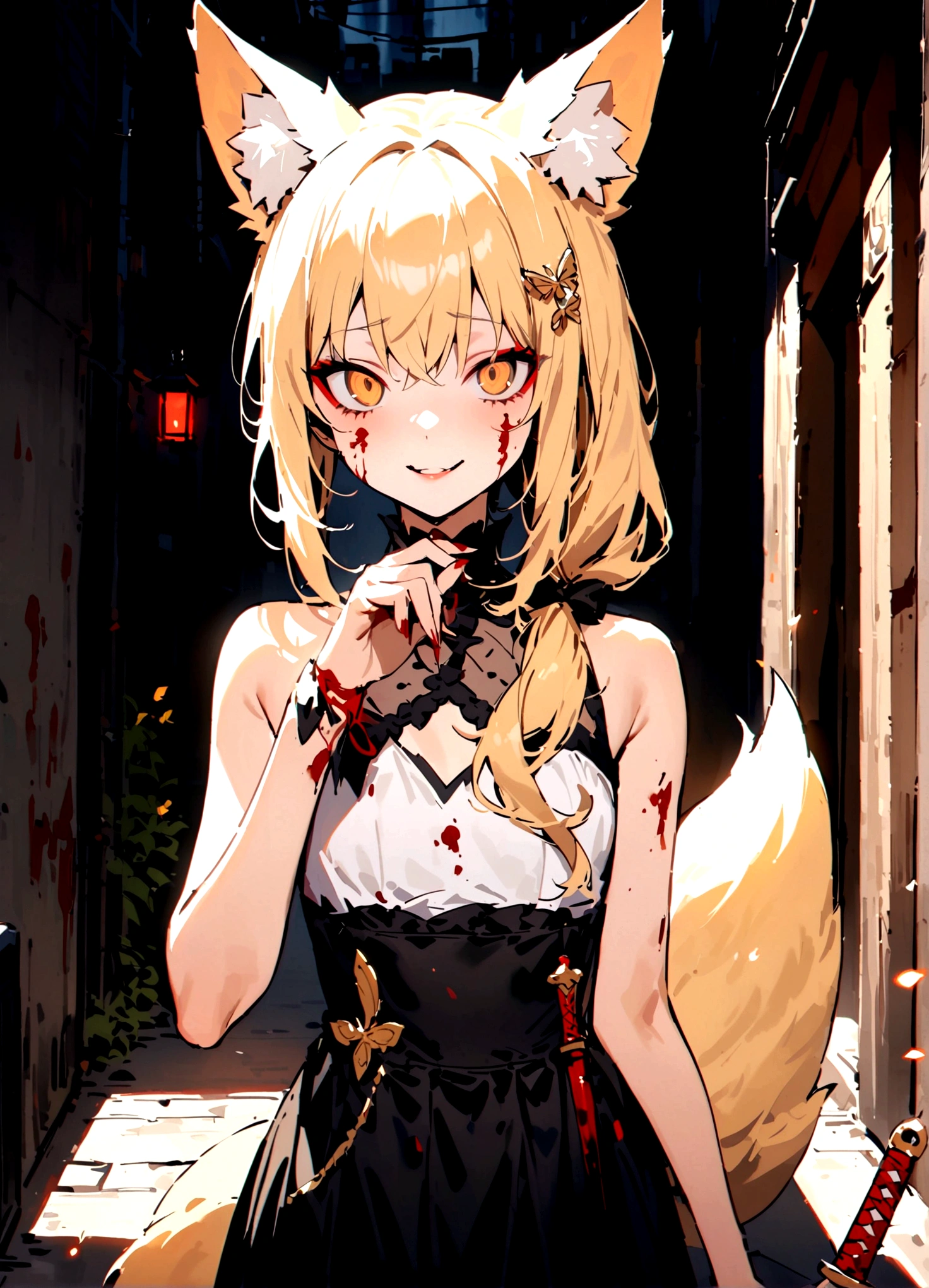 (masterpiece, best quality) junior,detailed, (beautiful,small breasts), blonde,long hair, side ponytail(tied to the left),Hairpin decoration with gold butterfly, elegant, (fox ears),nine tailed fox tail, red eyeshadow, golden eyes, femur，dark background,Alley background,girl,yandere eyes,bloody face,bloody clothes,Bloody,holding a sword hilt,bloody dagger(knife),evil smile