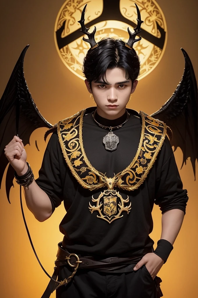 A 19-year-old boy with black hair and fair skin holding the symbol of House Baratheon is a black stag with a crown around its neck on a golden background and its motto is “Ours is the Fury.” .