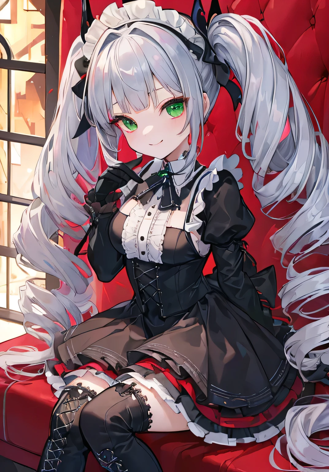 (((Top quality ultra detail,Unity 8k))),Twin Drill,Pause,blazer:1.1 (Gothic ****ta:1.2),Blunt bangs,Lace-up boots,Green Eyes、solo、gloves、smile、黒いgloves、Twin tails、Sitting、Gray Hair、Maid&#39;s Headdress、Long Hair、Blunt bangs、ribbon、hair band、Chie Sugawara、