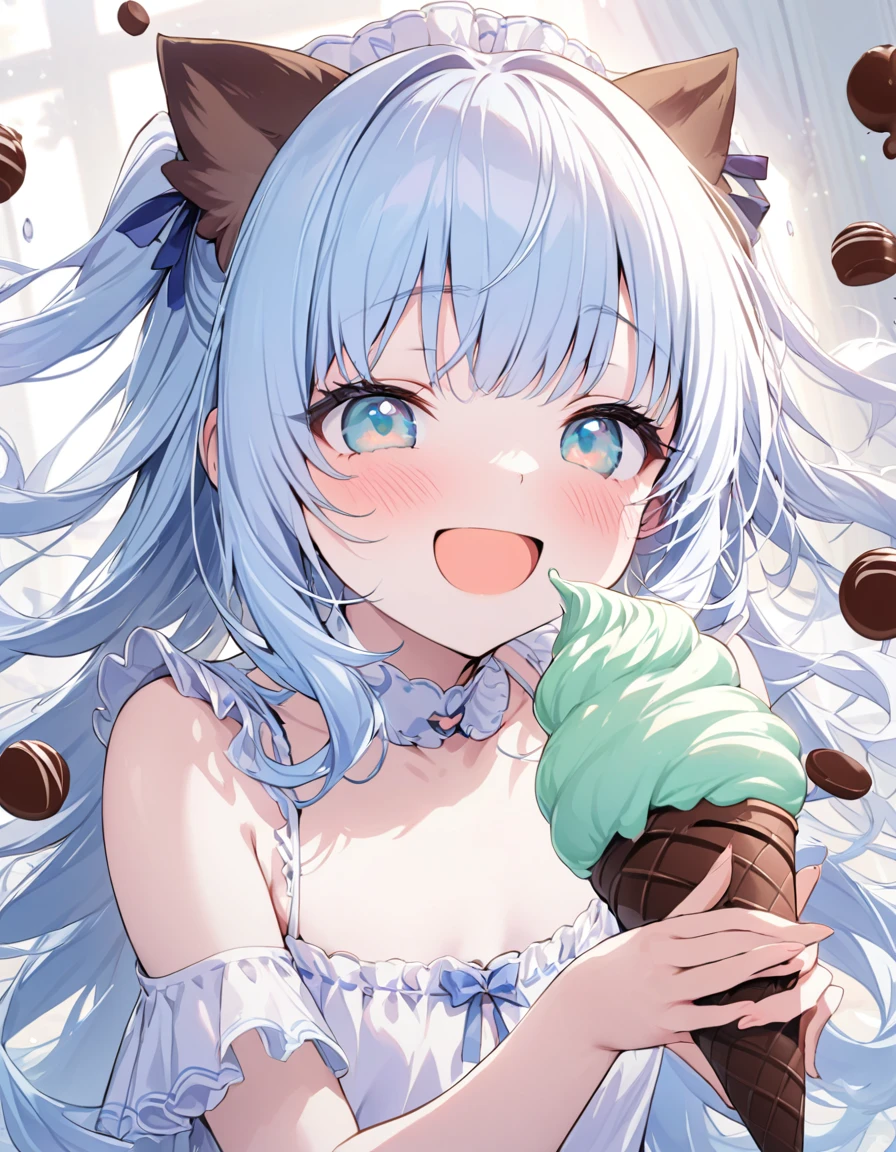 masterpiece, best quality, extremely detailed, (illustration, official art:1.1), 1 girl ,(((( light blue long hair)))), ,(((( light blue long hair)))),light blue hair, , long hair ((blush)) , cute face, big eyes, masterpiece, best quality,(((((a very delicate and beautiful girl))))),Amazing,beautiful detailed eyes,blunt bangs((((little delicate girl)))),tareme(true beautiful:1.2), sense of depth,dynamic angle,,,, affectionate smile, (true beautiful:1.2),,(tiny 1girl model:1.2),)(flat chest), 1girl, solo, (white tube-top), off shoulders, portrait, looking atsoft serve cream cone, ((giant mint soft cream, and chocolate soft cream mixed)), food, open mouth, (holding soft serve cone), brown cone, long hair, swaying bangs, mint eyes, beautiful round eyes, long eyelashes, perfect her fingers, pale skin,
