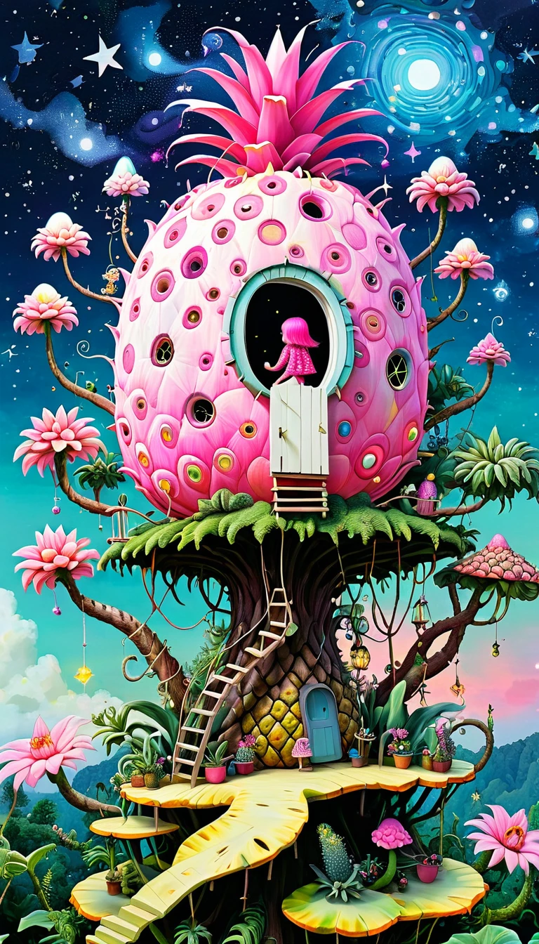 Pink hollow pineapple house on the tree top,The hut glows,plant,flower,Tentacles,Eye、Starry Sky,Stitching together an abstract painting,Describing the inner world of autistic people,Sense of space,White Space,interesting,Innocence,Psychedelic Art,Pink theme