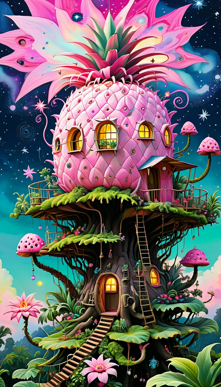 Pink hollow pineapple house on the tree top,The hut glows,plant,flower,Tentacles,Eye、Starry Sky,Stitching together an abstract painting,Describing the inner world of autistic people,Sense of space,White Space,interesting,Innocence,Psychedelic Art,Pink theme