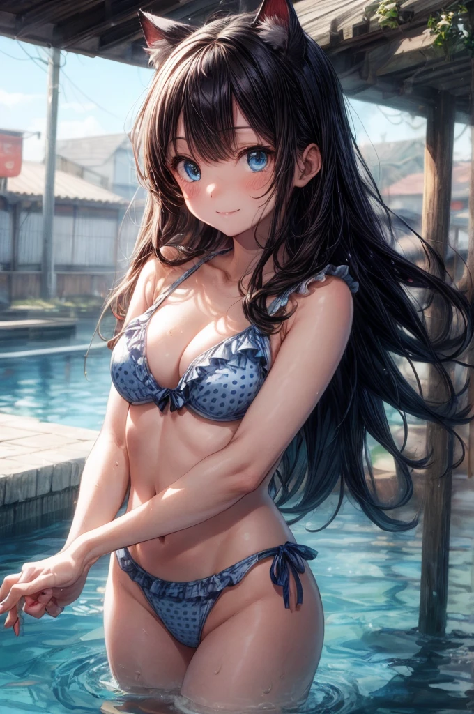 Jumping into the sea, sunny, blue sky, Outdoor, 斬新なデザインのSwimwear, 色とりどりのSwimwear, Polka dot pattern, Floral,(Tabletop.Highest quality).(Cowboy Shot). (Amazingly detailed CG paintings),(Perfect Image)、smile, smile, Comic Strip.shape.One Girl.Detailed face、Perfect Face.Delicate face、Textured skin、Colorful hair colors, Cat ear girl、((Beautiful Blue Eyes)).Delicate and beautiful eyes、The eyes are detailed、Reflective Eyes、Watery eye、smile.(Gazing at the audience:1.3).(My face got a little red:0.8)、8k wallpaper、(((Cowboy Shot)))、reflected light、Attention to detail、Complex、Delicate background、Textured skin、Detailed skin、Swimwear, ((カラフルなSwimwear)), リアリスティックなSwimwear, 質感のあるSwimwear, 超高精細なSwimwear, Realistic swimming pool, Realistic Ocean, Frills, Lace fabric, One Shoulder, カラフルなSwimwear, クリスタルなSwimwear, Lens flare