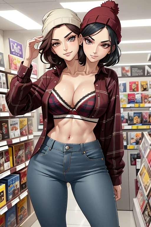 2heads, tall skinny woman with 2 heads. At a comic store. Short messy maroon hair. Wearing a beanie. Wearing unbuttoned open plaid flannel shirt, bra underneath. Wearing jeans. Mature, womanly. Thick thighs, wide hips. Wearing eyeliner, baggy tired eyes. Many tattoos and piercings. Smirking, happy. 