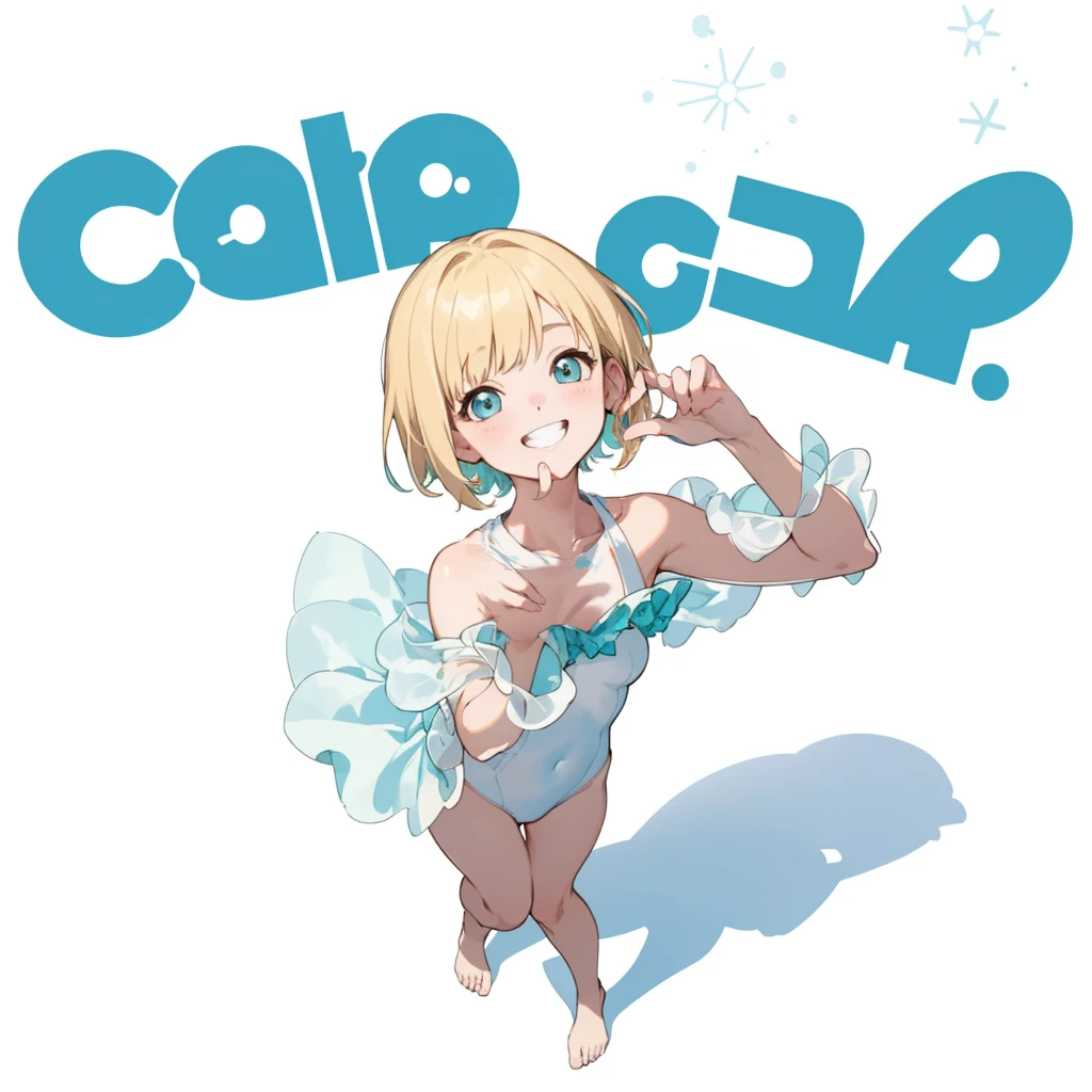 First Job, Better Quality, 1. garota Laughter, Short Mash Hair、Short Hair、Blonde Hair Color、Turquoise Eyes、White swimsuit、Poster, Little , Little, Laughter (Solo Girl)、Looking up、The camera is from above、The front hair is straight、Please draw the fingers in detail、Fingers5It's a book