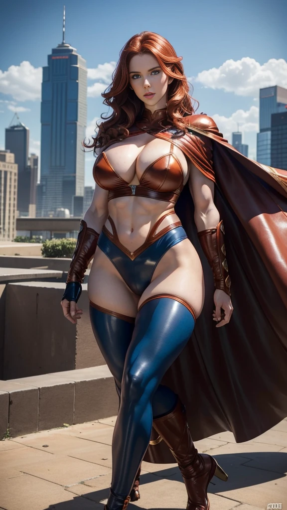 (muscular brute beautiful tall Amouranth), huge strong biceps volume, huge exposed chest muscles volume, strong muscular legs, exposed abs skin, (huge firm breasts volume), city background, wavy orange hair, blue eyes, tight leather underwear and cape