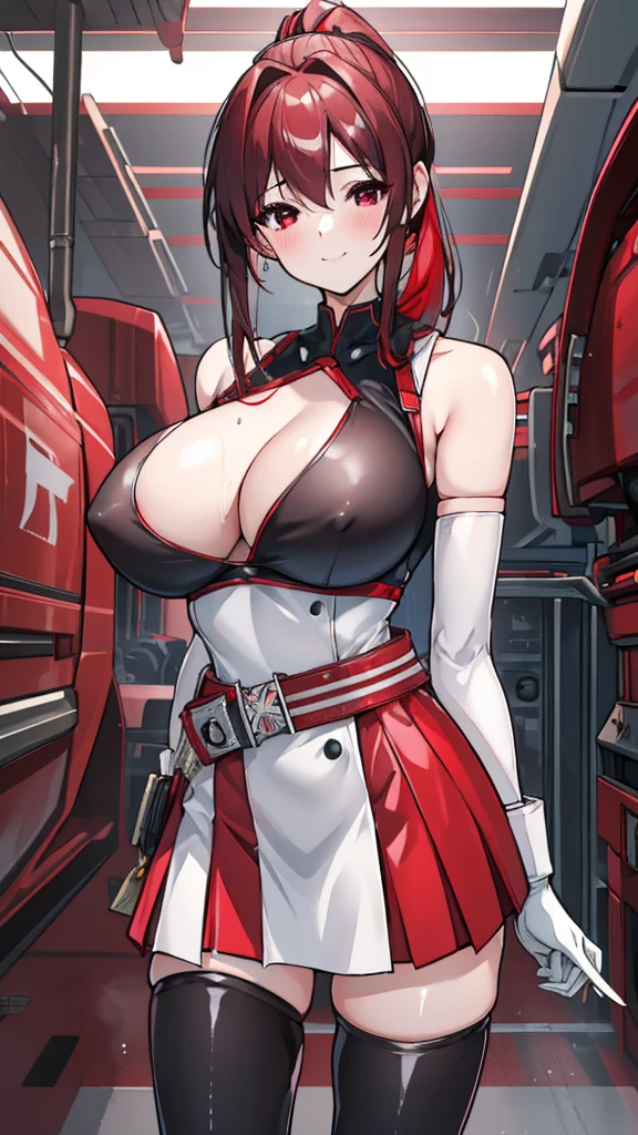 18 year old girl,baby face,dark red hair,Ponytail hairstyle,Zhangzui smile,Huge breasts,Cleavage,Transparent red sleeveless top,Leave space in the middle to reveal Cleavage,Soaked all over,blush,Red eyes,female spy,red miniskirt,White gloves,White hand sleeves,White boots,Science fiction,future,Inside the robot warehouse,robot driver,He has a pistol hanging from his waist,lipstick,Nipple showing,Metal belt around waist
