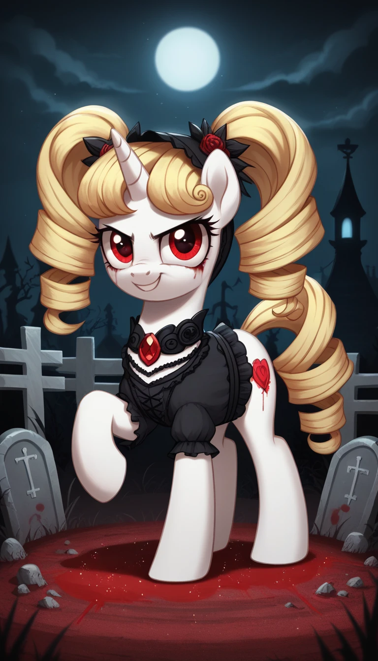 score_9,score_8_up,score_7_up,score_6_up, filly, unicorn, white fur, curly blonde hair, twintails, red eyes, Gothic pony, lolita fashion, glowing backlight, fashion show, graveyard, glitter, whimsical, enchanted, magical, fantasy art concept, intricate details, insane evil smile, blood splatter on face, hoof tips