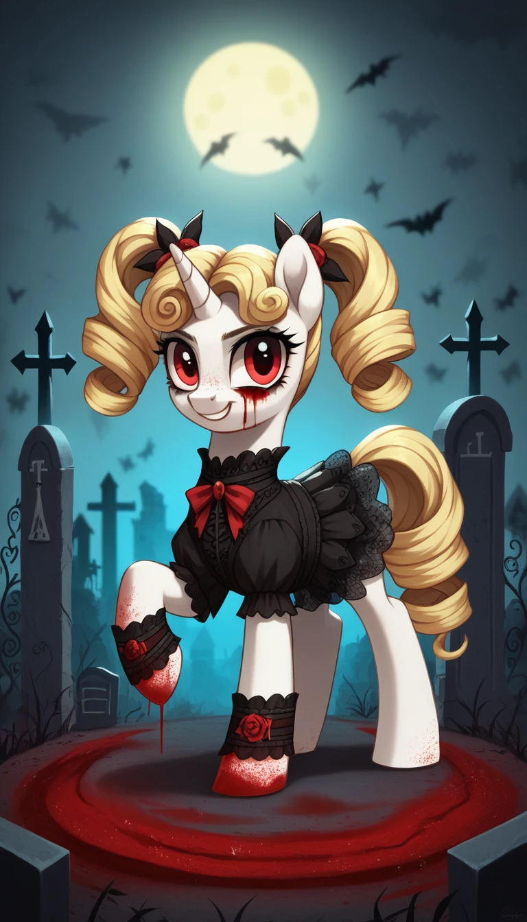 score_9,score_8_up,score_7_up,score_6_up, filly, unicorn, white fur, curly blonde hair, twintails, red eyes, Gothic pony, ta fashion, glowing backlight, fashion show, graveyard, glitter, whimsical, enchanted, magical, fantasy art concept, intricate details, insane evil smile, blood splatter on face, hoof tips
